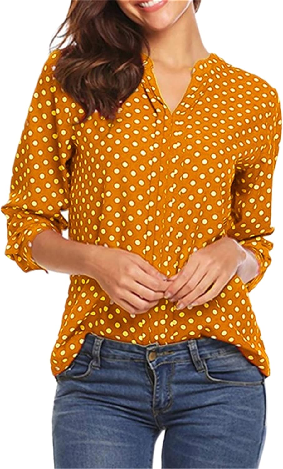Andongnywell Women Plus Size Polka Dot Printed Tops Button Long Sleeve V Neck Polka Dot T-Shirts Casual Summer Blouses