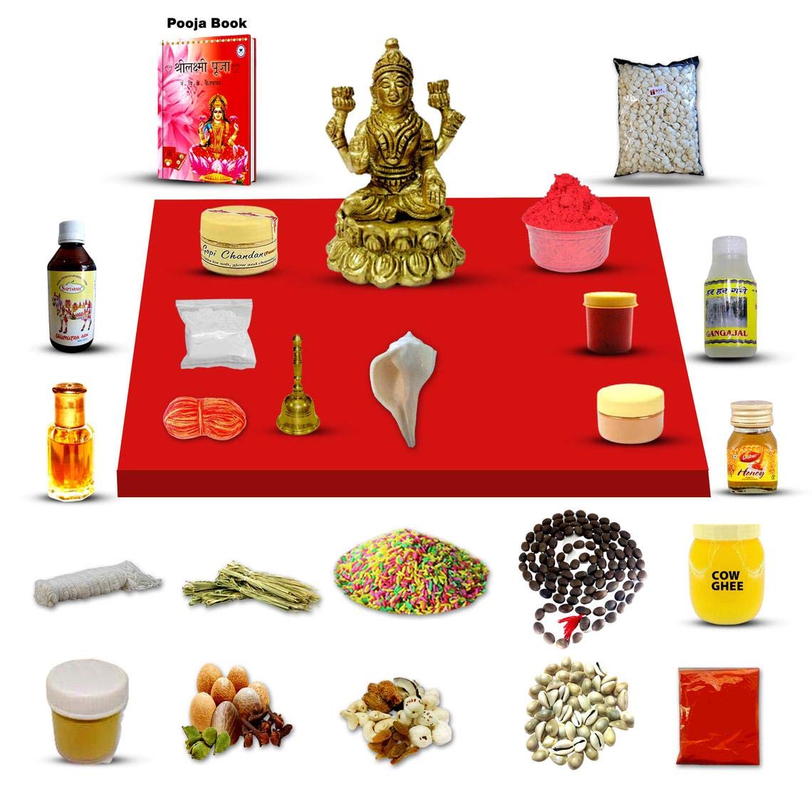 Kit Laxmi Puja rituel hindou et Déesse Laxmi Pujan Samagri Mélange d'offrandes sacrées traditionnelles