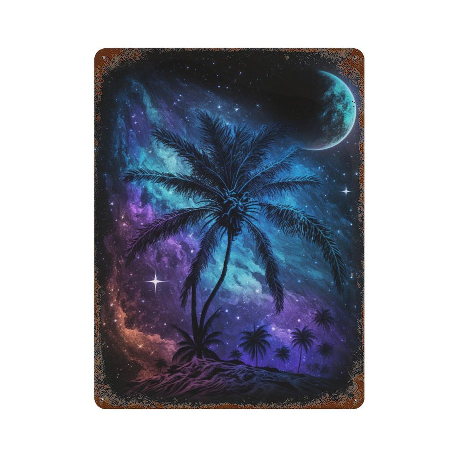 Aged Metal Wall Plaque with Galactic Palm Trees Design 15.7"x11.8", for Farmhouse, Kitchen And Entryway Decor, Old School Wall Decor