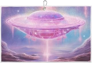 Budxapjw Space UFO Golf Towel Galaxy Stars Microfiber Golf Towel 15" x 24" with Carabiner Clip for Men and Women Golf Bag Accessories for Golf Fan