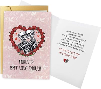 Spercy Gothic Valentines Day Card for Husband Wife, Skeleton Anniversary Card for Boyfriend Girlfriend, Goth Poetic Love Cards for Him Her, Forever Isnt Long Enough