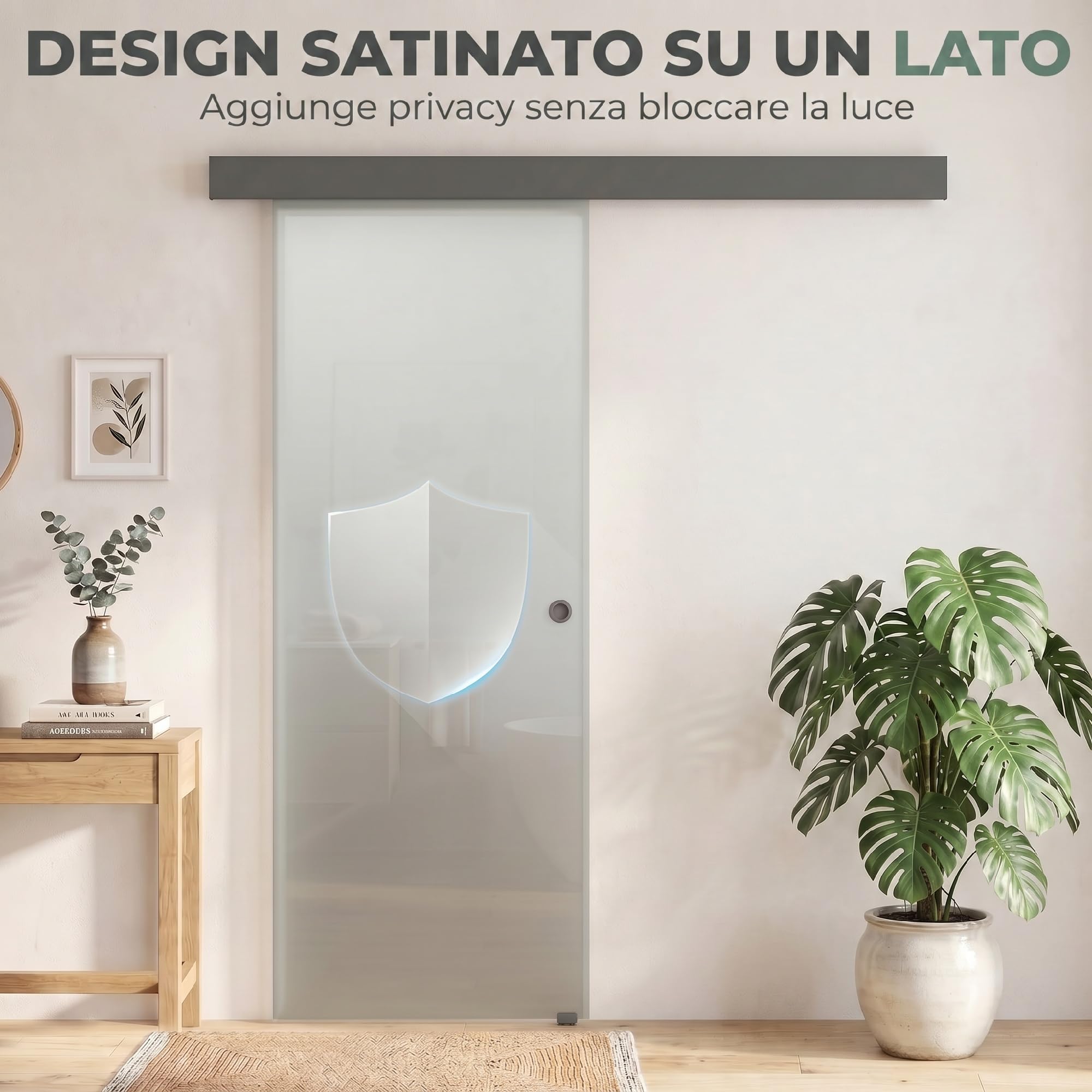 HOMCOM Porta Scorrevole Interna Muro 77.5x205 cm in Vetro Smerigliato, Binario Silenzioso in Lega di Alluminio, Kit Ferramenta, Maniglia, Guida, Porta da Interno in Stile Industriale, Bagno, Ufficio