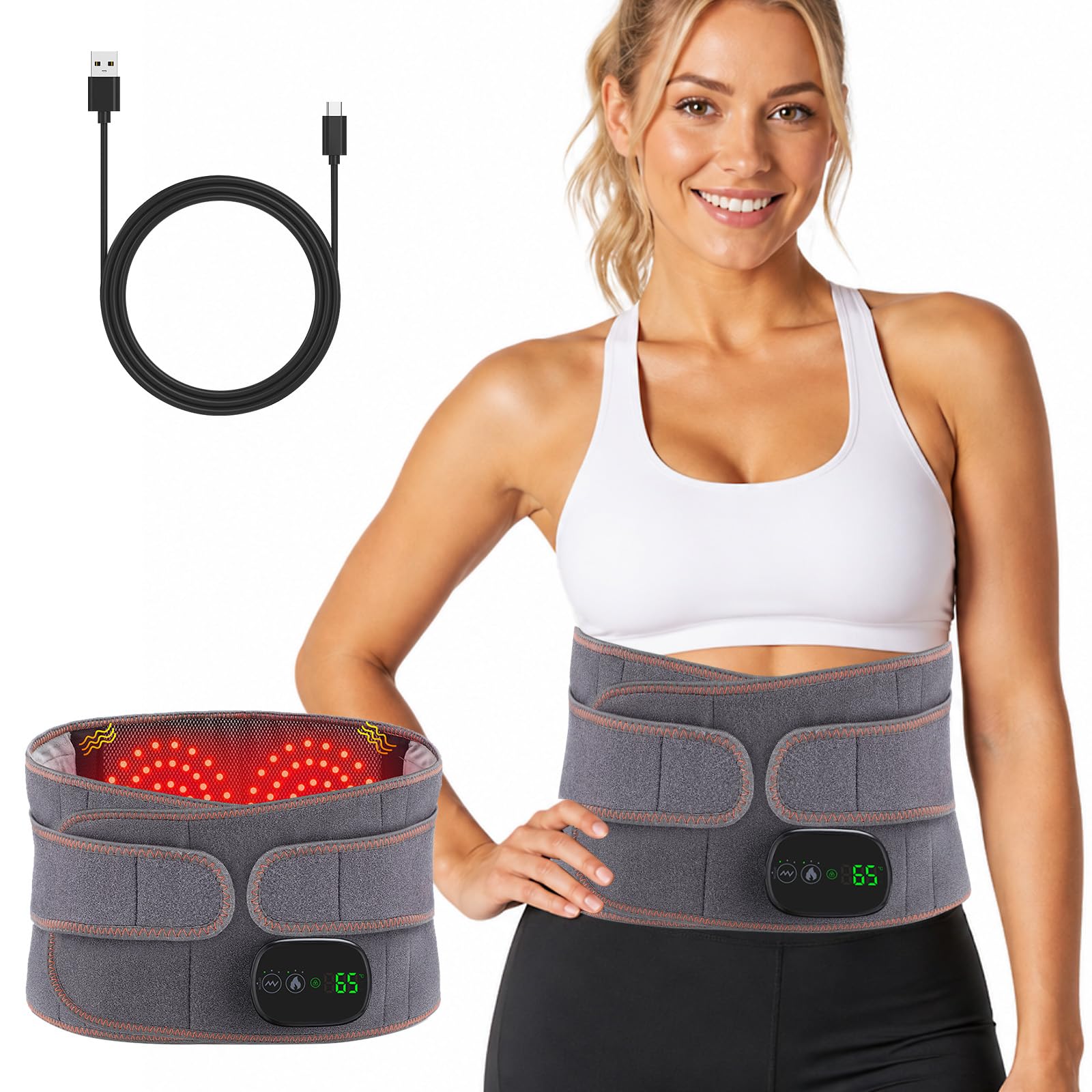 Cinturón térmico para espalda inalámbrico, con 3 niveles de calor y 3 niveles de vibración, batería de 5000 mAh, pantalla táctil, calentador de espalda, cinturón de masaje, almohadilla térmica para