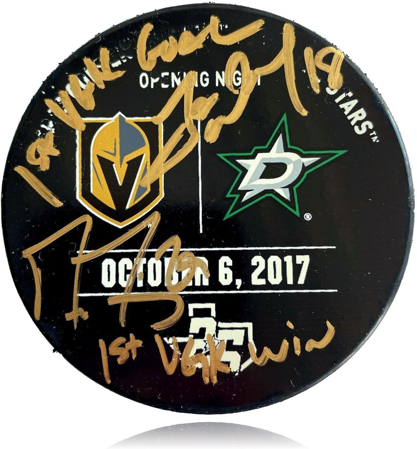 Vegas en Knights 1st Ever Game Used 10/6/2017 Stars Puck Signed Fleury Neal - Autographed Other Game Used NHL Items