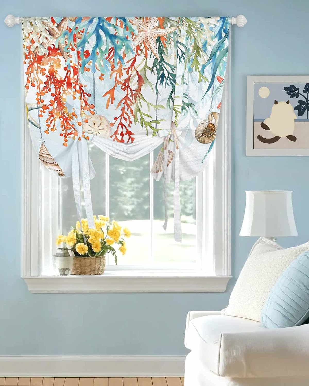 Tie Up Curtains for Windows Summer Seagrass Coral Starfish Rod Pocket Tie-Up Window Shade Adjustable Balloon Curtain Valance Watercolor Marine Life for Bedroom Kitchen Bathroom Blinds, 42x63in