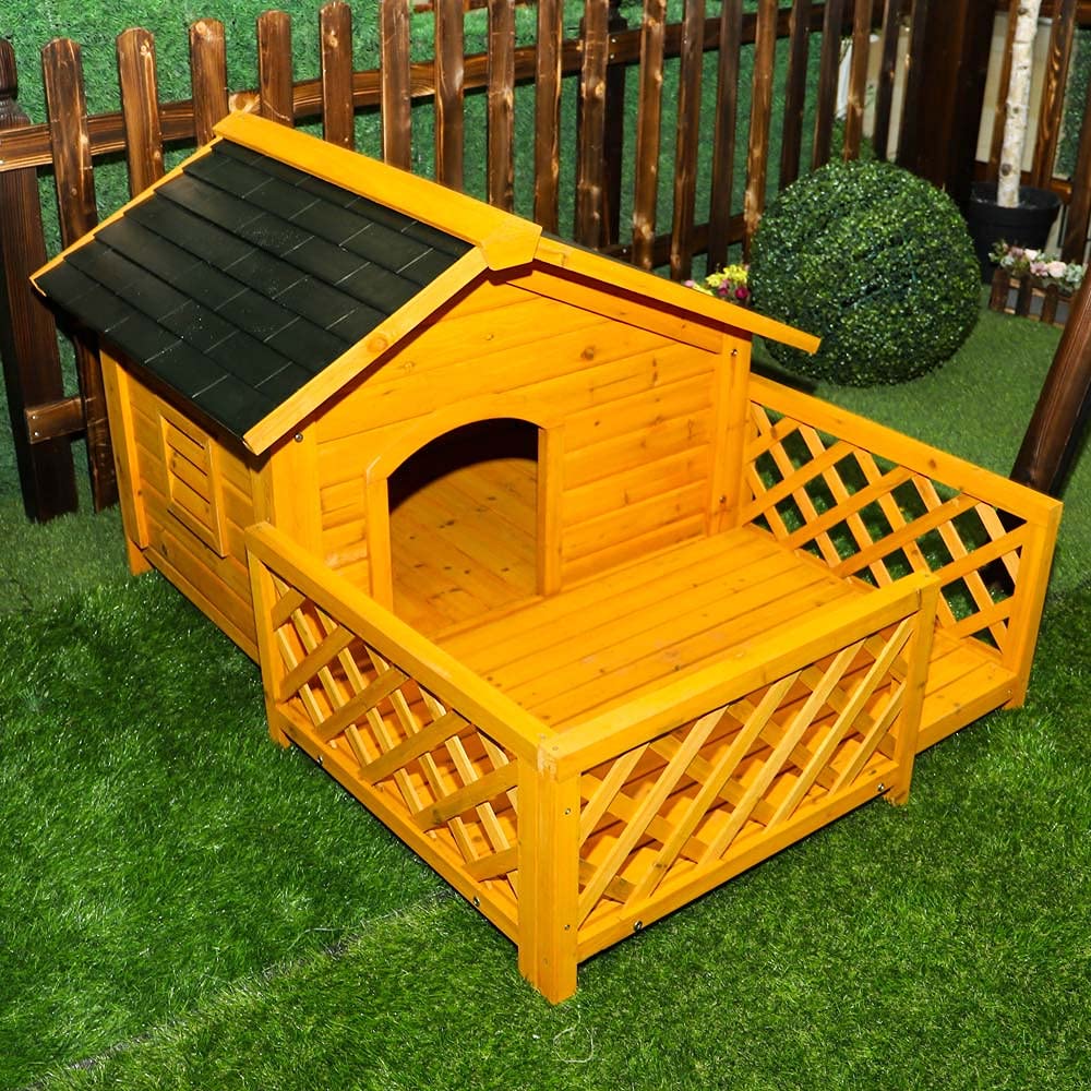 Buy YAHOME Indoor and Outdoor Wooden Dog House Cat House with Fence Pet