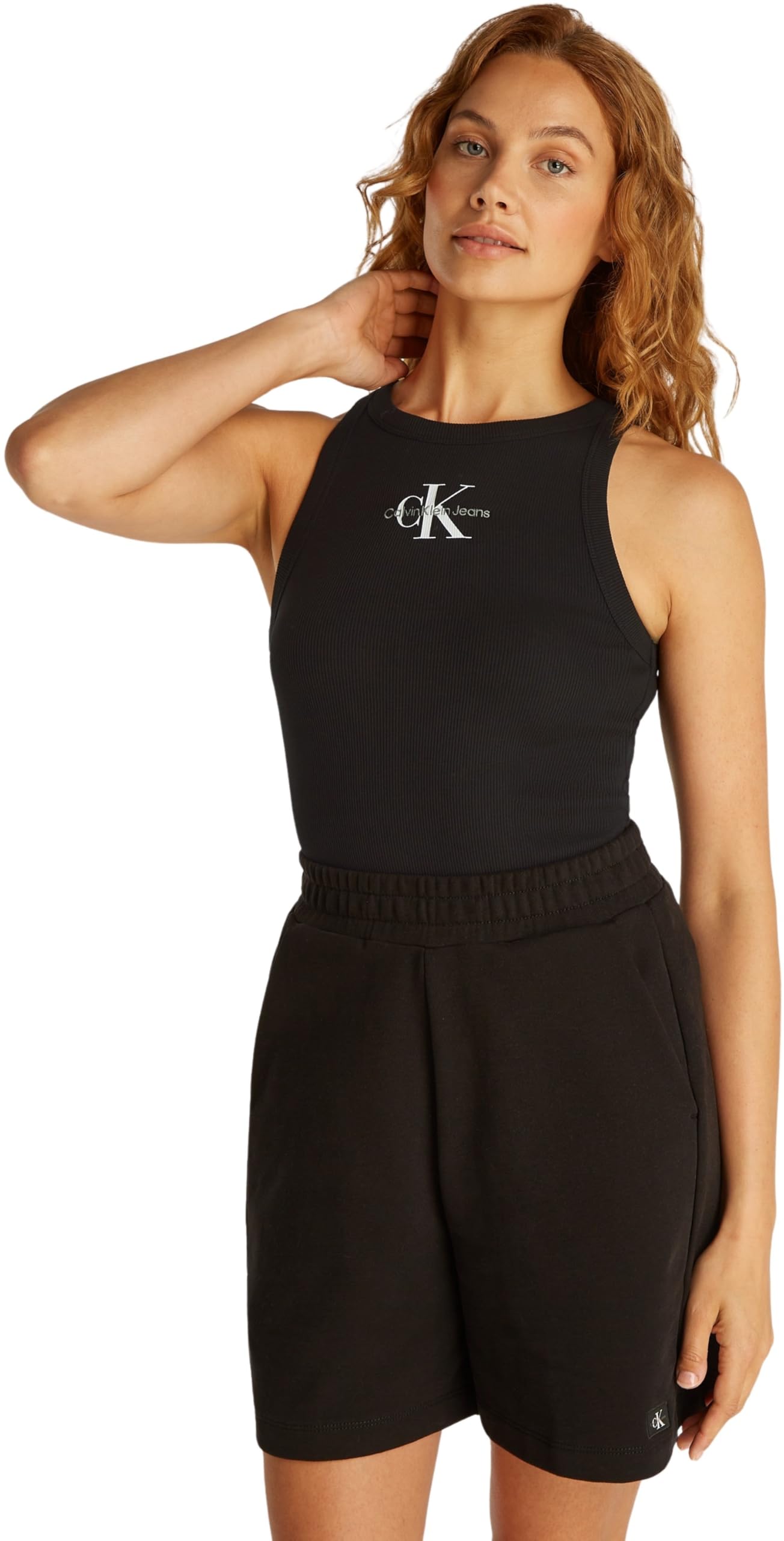 Calvin Klein Women’s Monologo Skinny Fit Rib Tank Top, Black (Ck Black), XXS