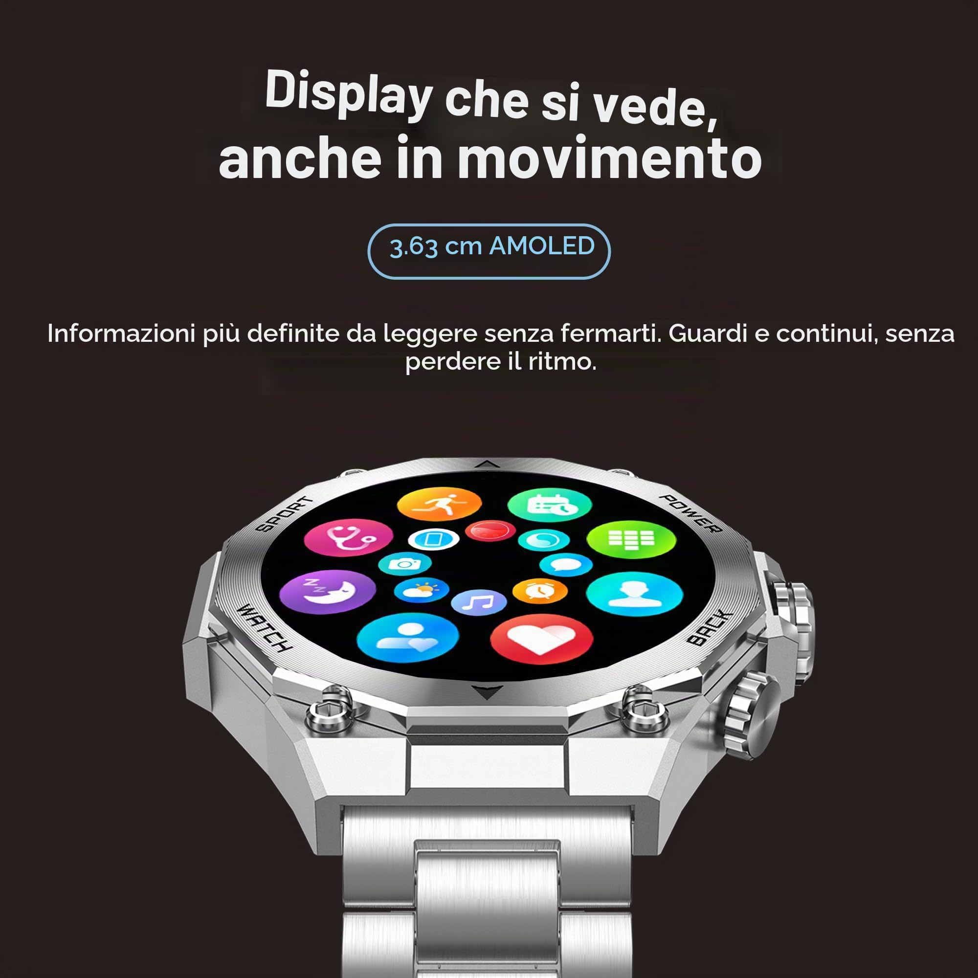 Ksix Titanium Smartwatch da uomo, orologio sportivo, chiamate e notifiche, cinturino in acciaio e silicone, display AMOLED, monitoraggio della salute e dello sport, assistenti vocali, autonomia 5
