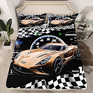 Homemissing Juego de sábanas bajeras de coche de carreras, tamaño individual, color marrón, para niños, niñas, adolescentes, automóvil, deportes extremos, funda de cama a cuadros, bolsillo profundo,