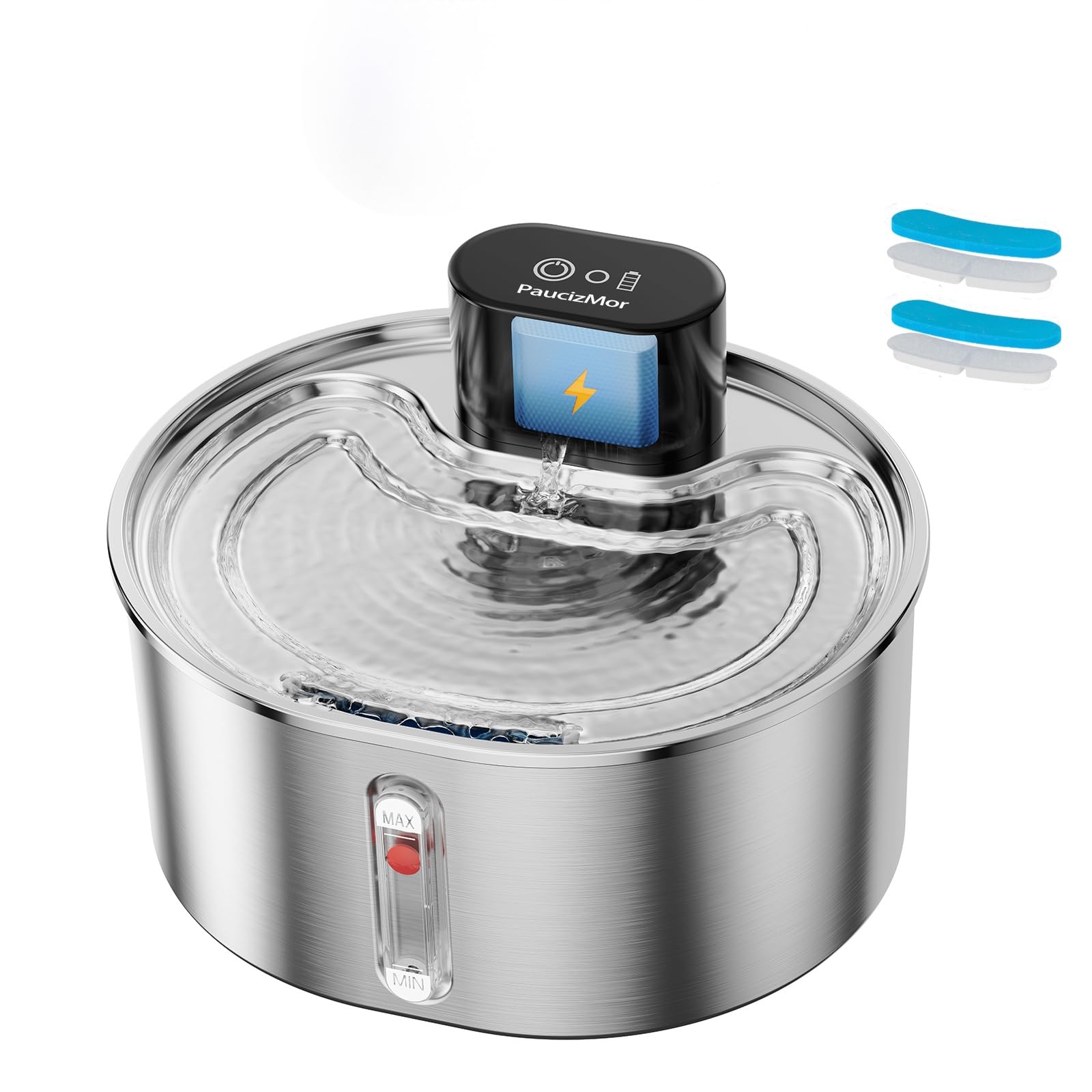 Fuente de agua para gatos sin bomba de acero inoxidable que funciona con pilas, fuente de agua inalámbrica para mascotas, dispensador automático inalámbrico con 2 filtros de repuesto para