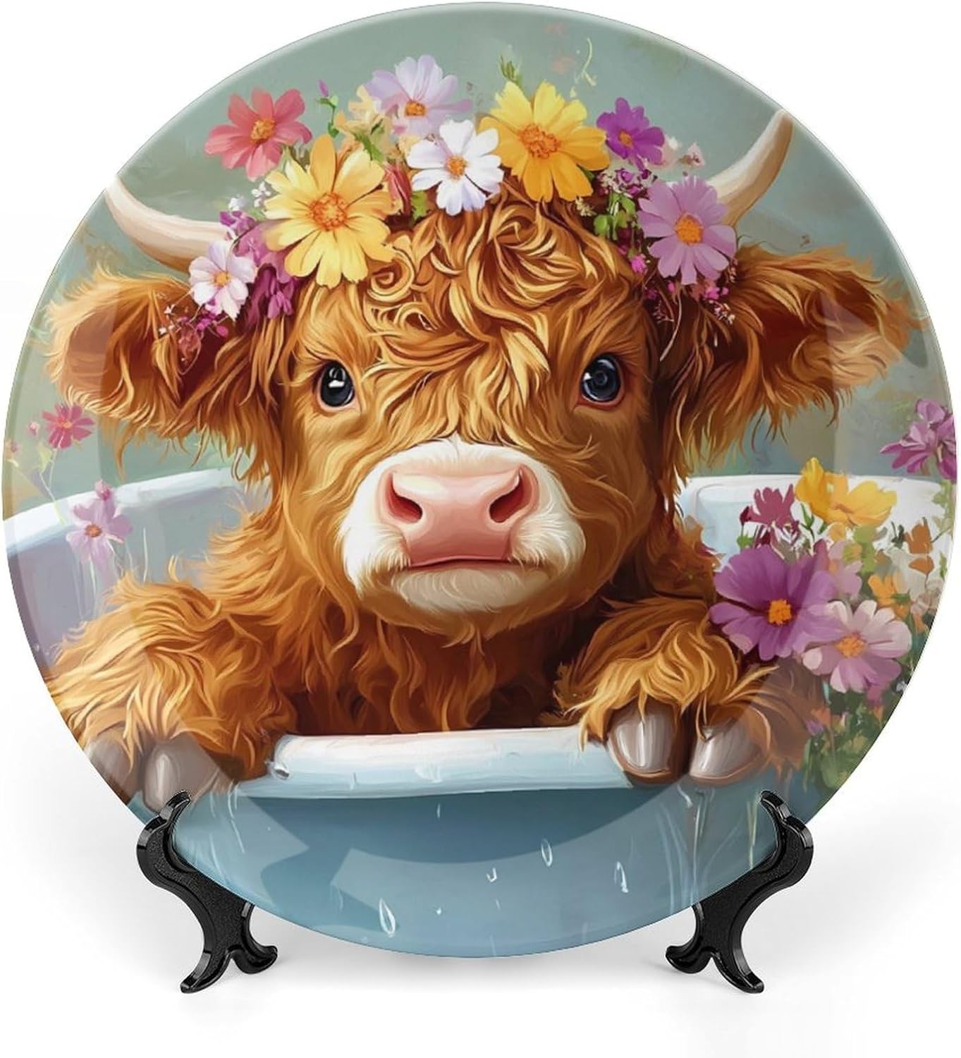 Cute Highland Cow In Bath Bone China Decorative Plates Ceramic Decorative Plate Wall Decor with Display Stand 8inch