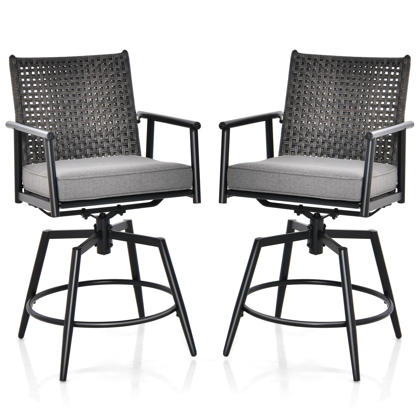 COSTWAY 2 Swivel Kitchen Stools, Double PE Rattan Back, High Chair with Removable Padded Footrest, Outdoor Bar Stool with Armrests, 55 x 68 x 106 cm, Black
