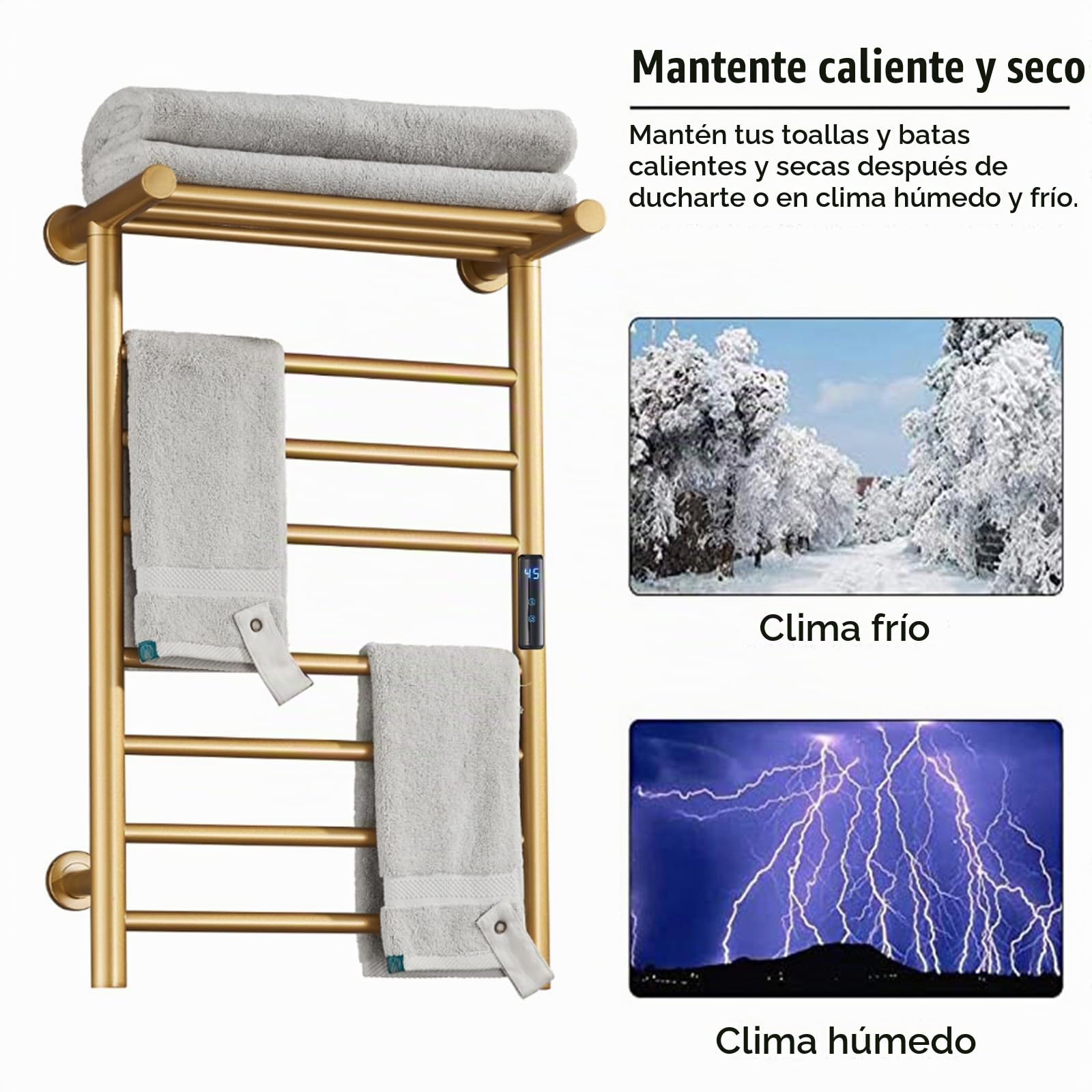 Toallero Eléctrico Dorada para Baño, Calentador De Toallas con Pantalla Digital Montado En La Pared, Secador De Toallas De Acero Inoxidable 304, 70 W, 720 * 450 * 250 Mm,Hardwiring