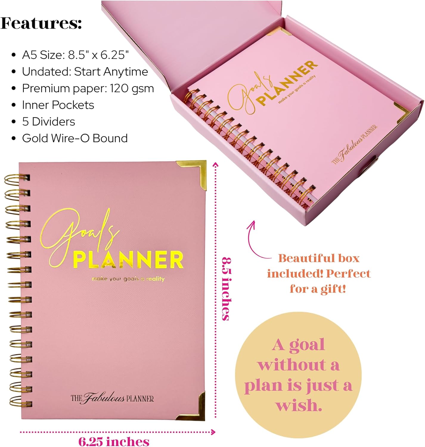 Undated Goal Planner, Daily & Weekly Organizer & Productivity Planner with Goal Setting Worksheets, To Do lists Journal, Notes & Ideas Pages, A5 Size (Aqua)
