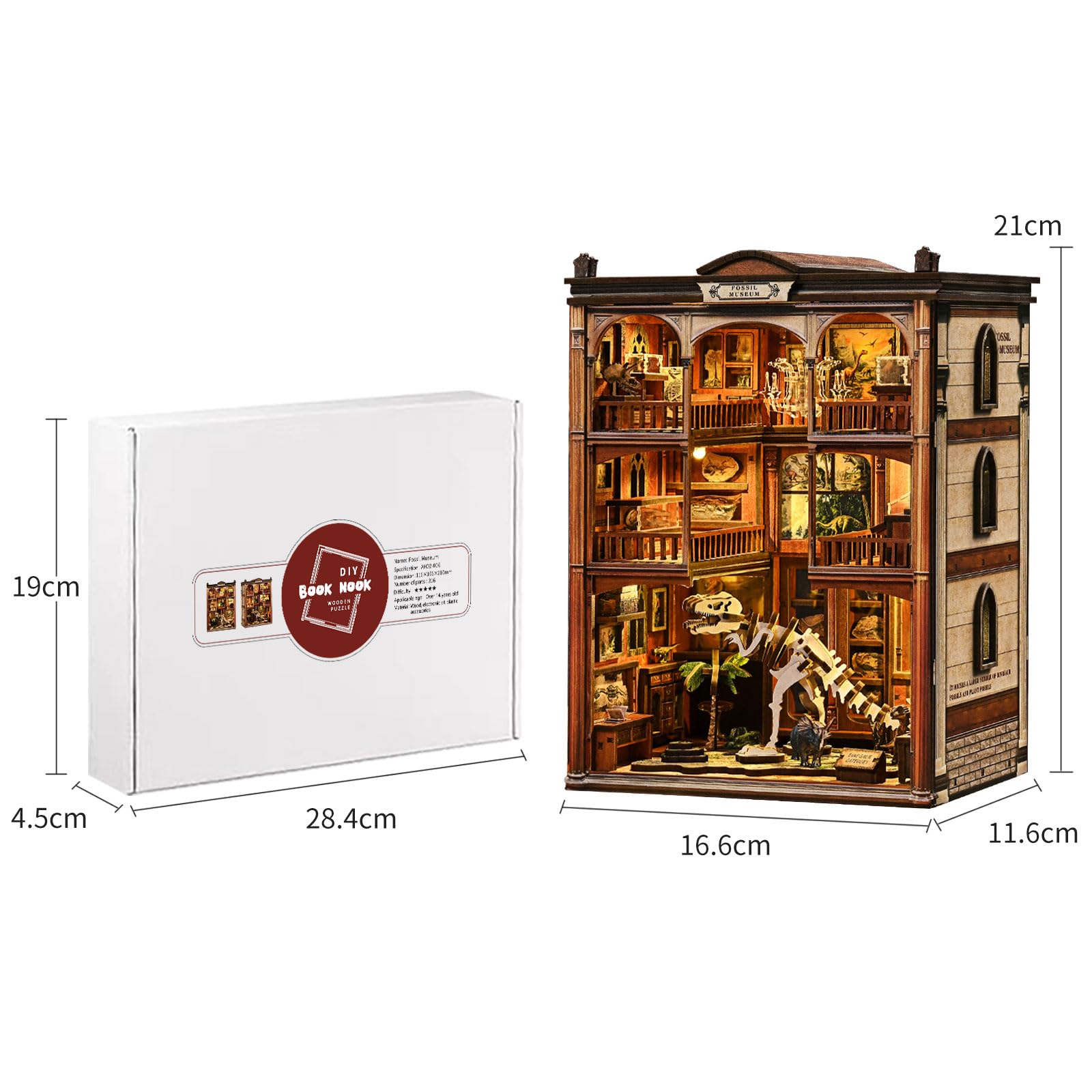 Book Nook Kit – model muzeum skamielin (motyw dinozaurów), miniaturowe drewniane puzzle 3D z oświetleniem LED, zestaw do majsterkowania dla dorosłych, prezent i akcesoria do domu