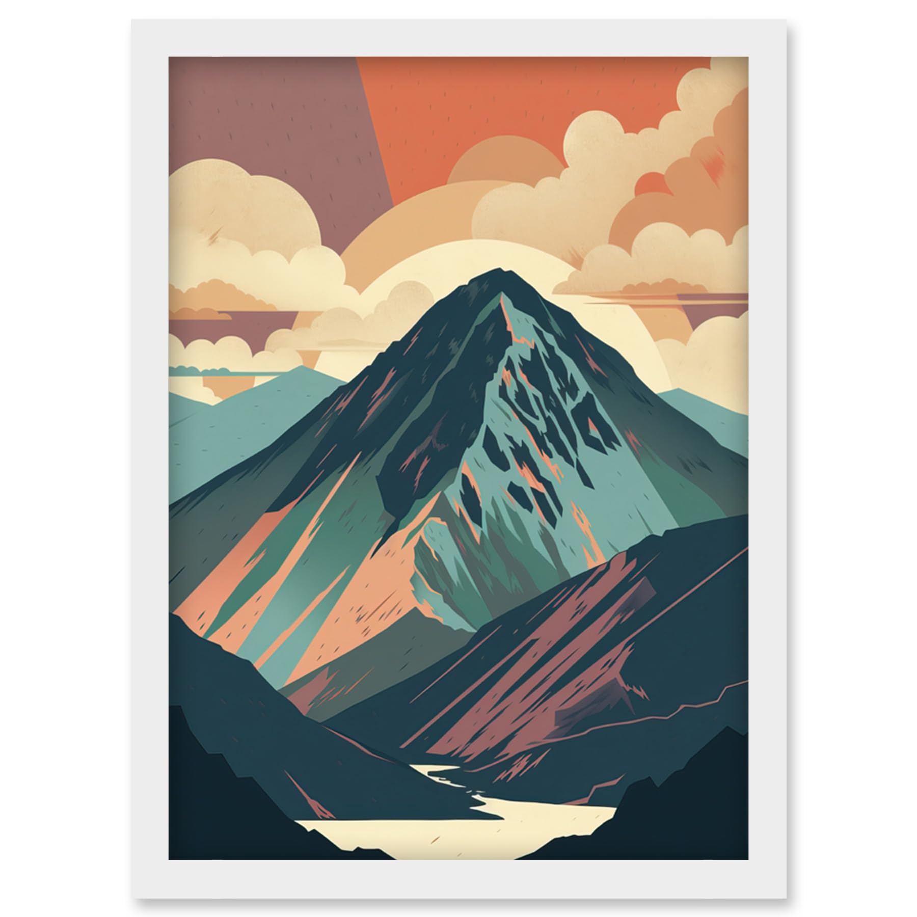 Artery8 Mountain Hill Sunrise Boho Landscape Illustration Artwork Framed Wall Art Print A4