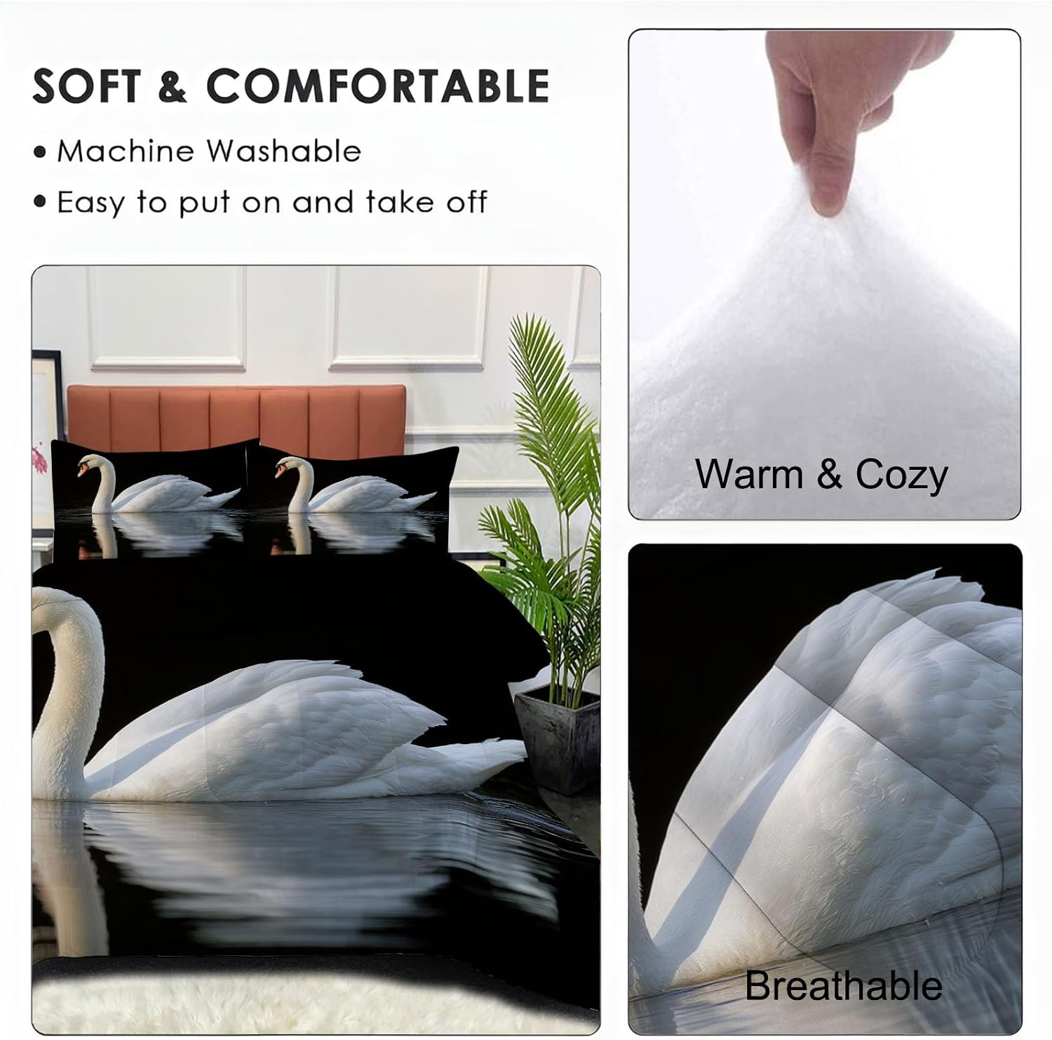 Realistic Animals Comforter Set Queen Size, Enchanting Swan Print Breathable Bedding Set for Girls Boys Teens, Pearl White Quilt Duvet with 2 Pillow Cases