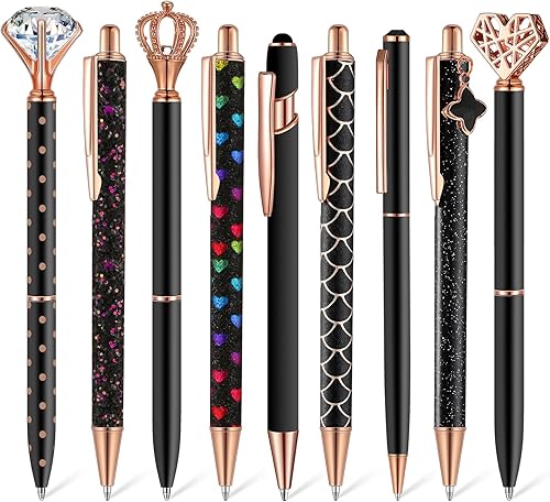 Janmini Juego de 9 bolígrafos de metal con diamantes de cristal y purpurina para diario, tinta negra, cosas bonitas, artículos de papelería