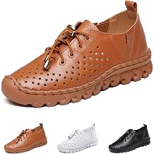 WENOREG Womens Soft Leather Lace-Up Hollow Out Loafers,Slip-on Flat Orthopedic Sneakers,Fashion Breathable Hand-Stitching Moccasins Mom Non-Slip Comfort Walking Casual Shoes