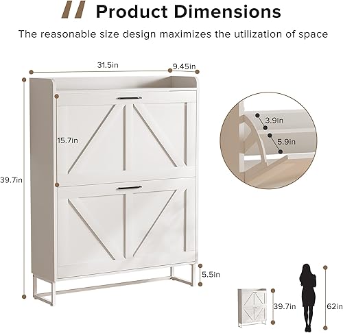 Miniatura 2 de EOYUTLLY Zapatero para entrada con 2 cajones abatibles, armario estrecho de madera para almacenamiento de zapatos con patas de metal, capacidad para