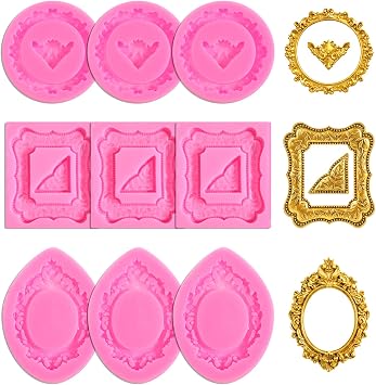 9 Pcs Frame Silicone Mold, Vintage Style Picture Frame Molds for Cake Decorating, Cupcake Topper, Chocolate & Polymer Clay, Pink