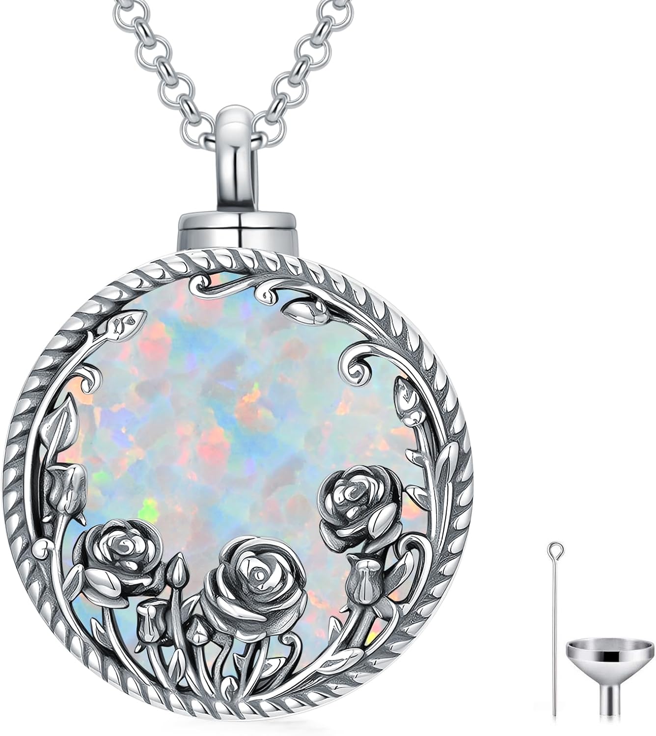 ROMANTICWORK Birth Flower Urn Necklace for Ashes 925 Sterling Silver Opal 12 Month Birth Flower Ashes Pendant Opal Cremation Jewelry Keepsake Gifts for Women