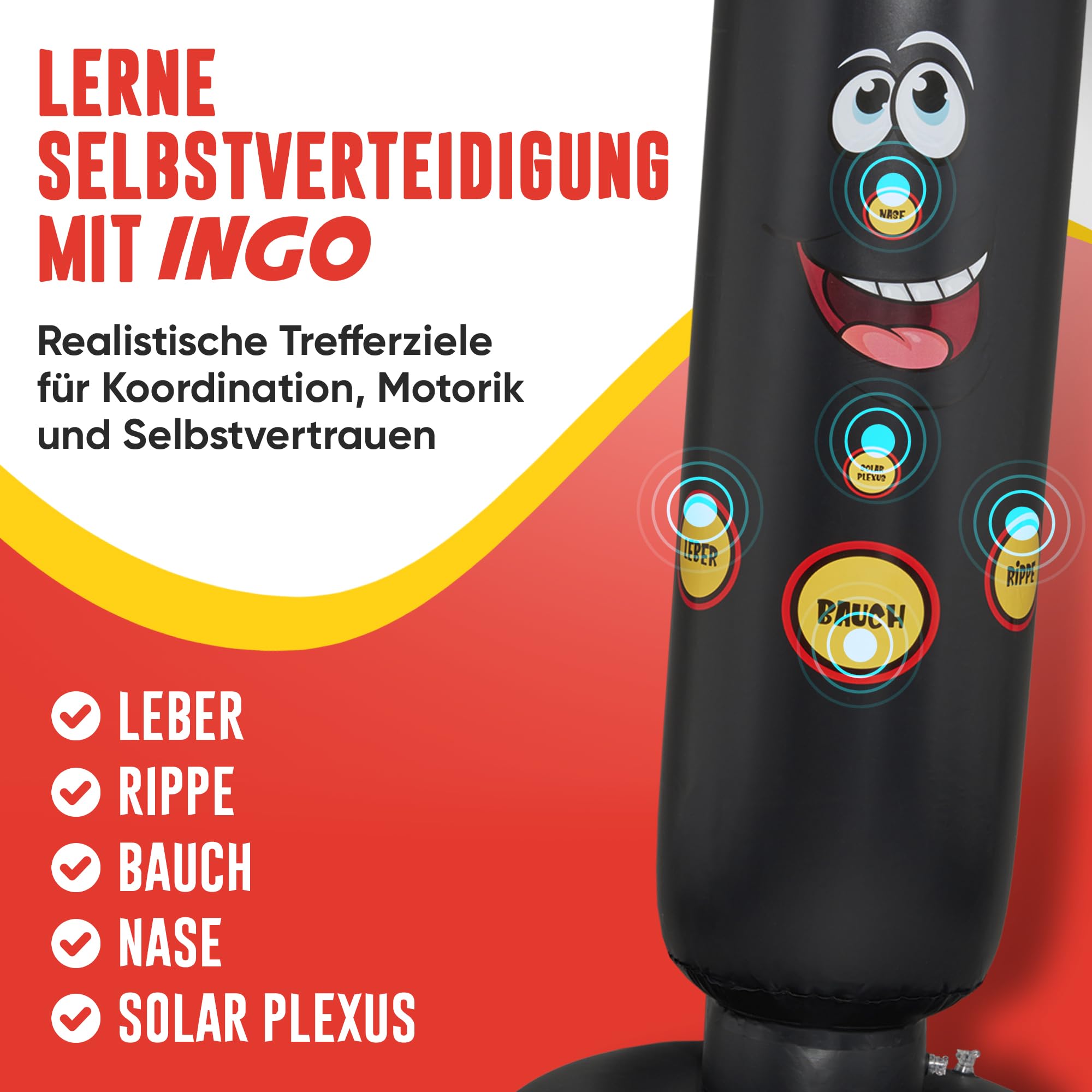 INGO® Boxsack für Kinder (pädagogisch konzipiert für Innere Kraft), inkl. Handschuhe & Pumpe | Kinder Boxsack (165cm) zur Schulung von Fokus, Selbstkontrolle & Körperbewusstsein