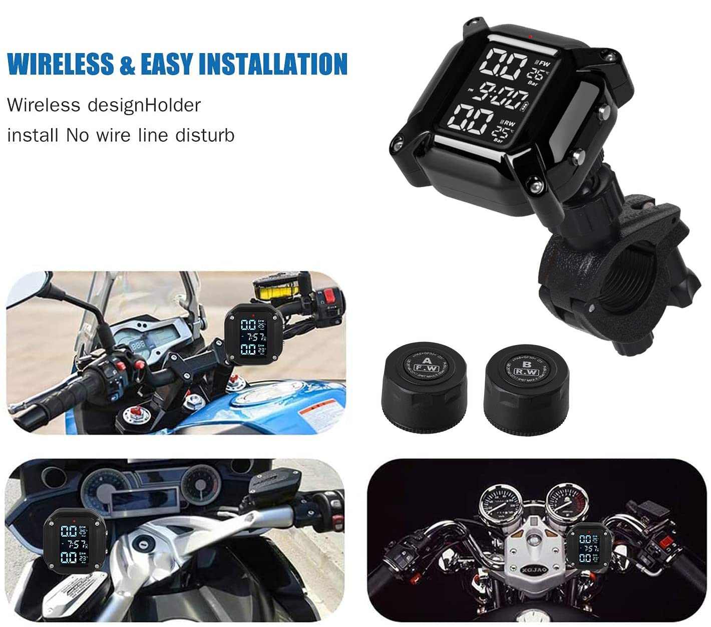Motorcycle TPMS Système de surveillance de la pression des pneus, TPMS rechargeable par USB pour moto avec 2 capteurs externes Écran LCD numérique 1,5", TPMS pour moto à deux roues