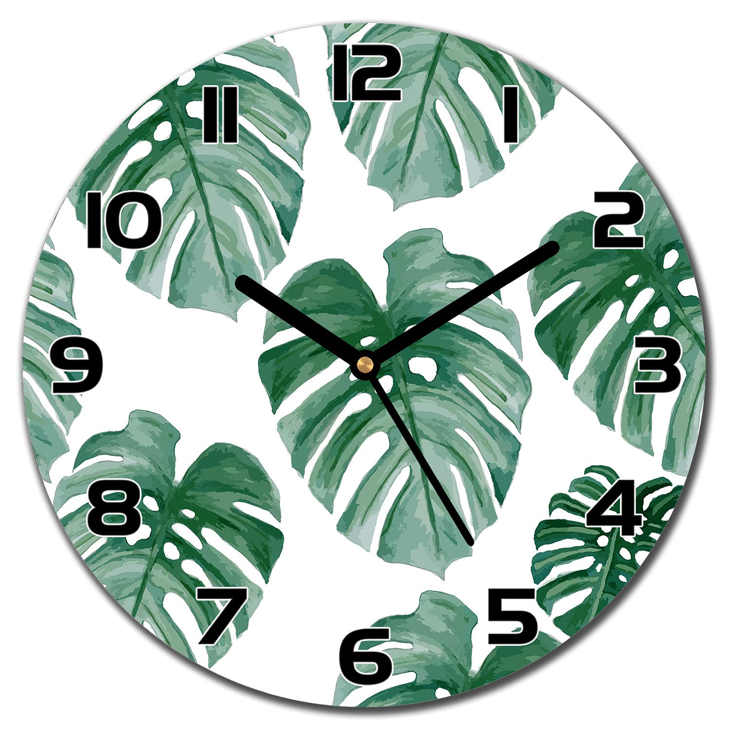 Horloge en verre 30 cm aiguilles noires salon cuisine Monstera