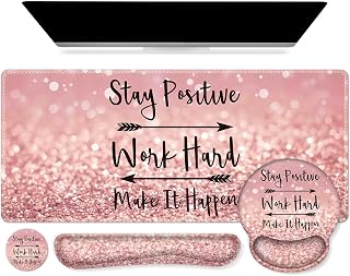 iCasso 4-in-1 XXL Pink Mouse Pad Desk Mat Set with Ergonomic Wrist Rests, Mouse Pad & Coaster - Stay Positive Design for Office Gaming
