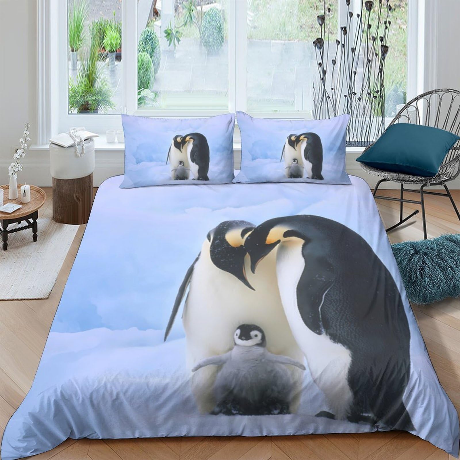 GPLZQXKJNH 3D Printed Penguin Family Duvet Cover Microfiber Soft Breathable Emperor Penguin Bedding Set with 2 Pillowcases for Bedroom Decor Single（135x200cm）
