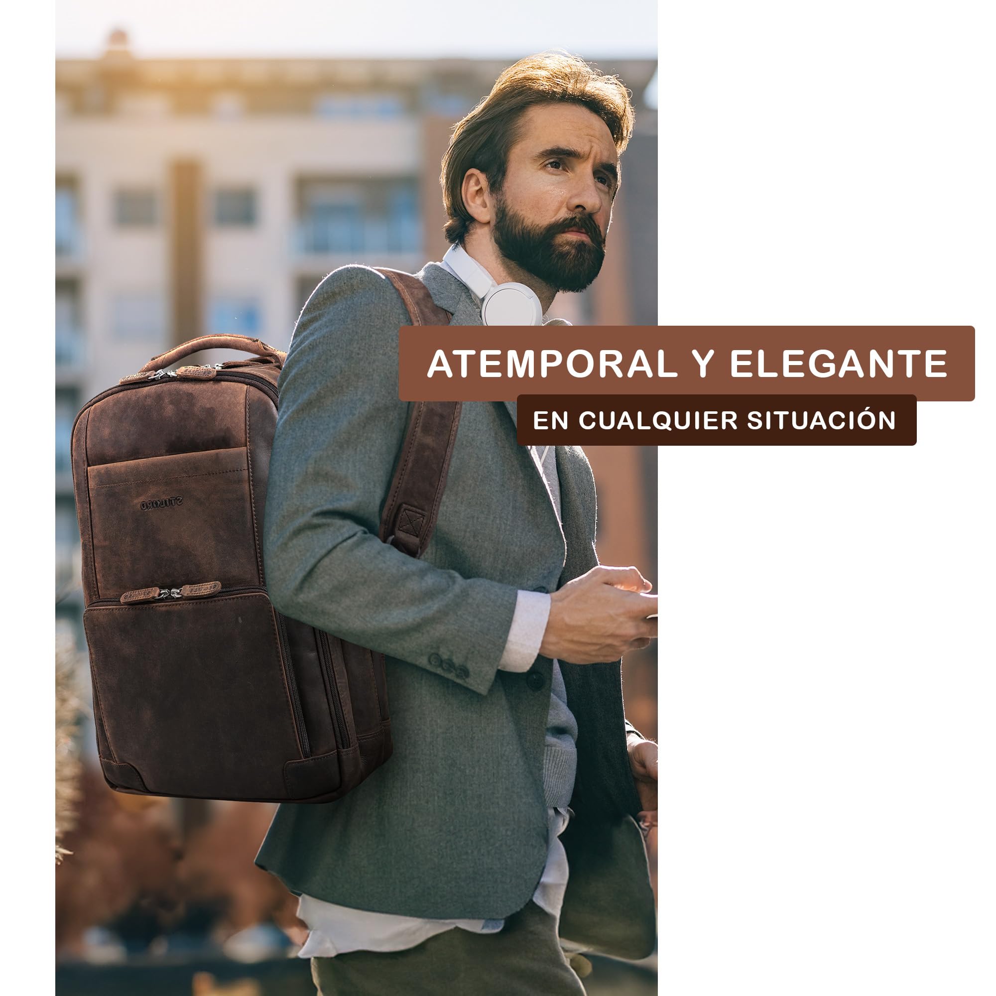 STILORD Harlow Mochila de Cuero XL para Hombres | Gran Mochila Piel de Negocios para Portátil de 15-17 Pulgadas | Sistema de Enganche al Carrito | Cuero Auténtico Color:Zamora - marrón