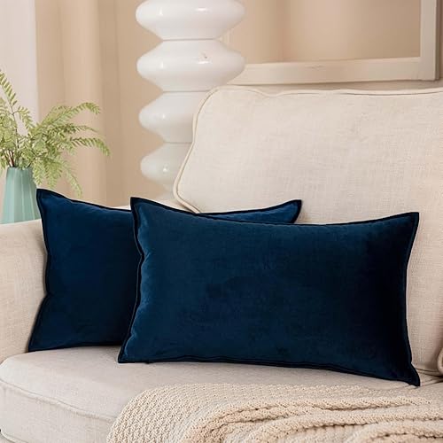 JUSPURBET Juego de 2 fundas decorativas de terciopelo lumbar azul marino de 12 x 20 pulgadas, funda de cojín suave con cremallera invisible para