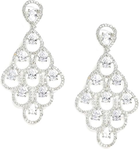 Zeneme Rhodium Plated Silver Toned American Diamond Studded Contemporary Drop Earrings Jewellery For womens