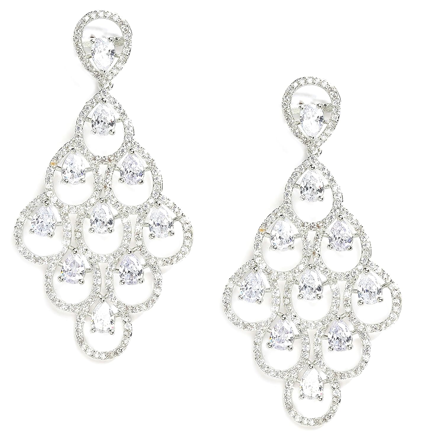 Zeneme Rhodium Plated Silver Toned American Diamond Studded Contemporary Drop Earrings Jewellery For womens