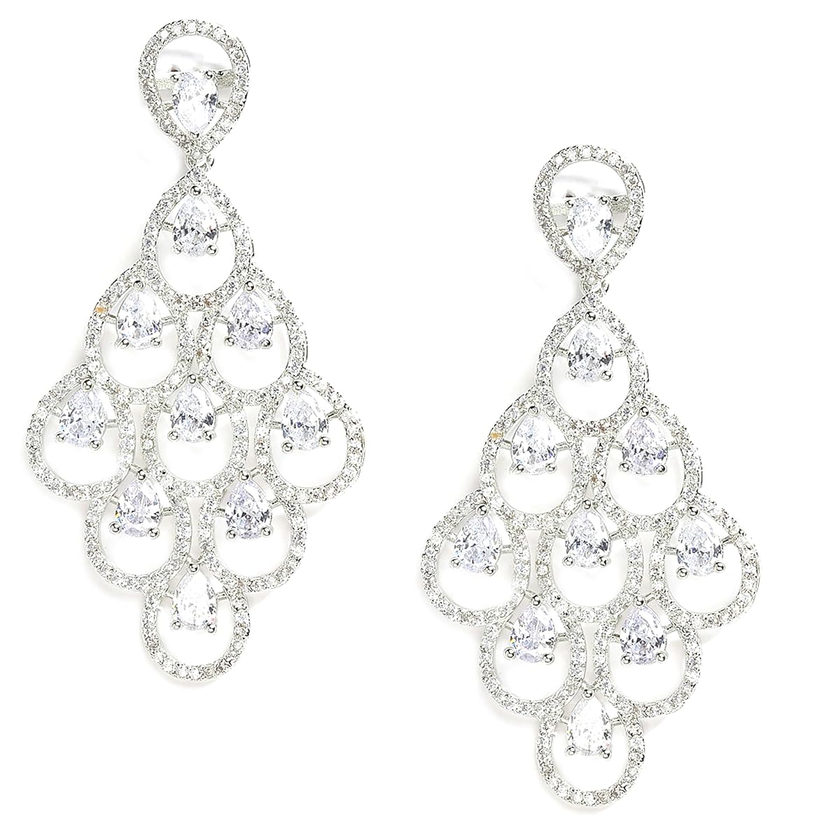 ZENEME Rhodium-Plated Silver-Toned White American Diamond Crystal Chandelier