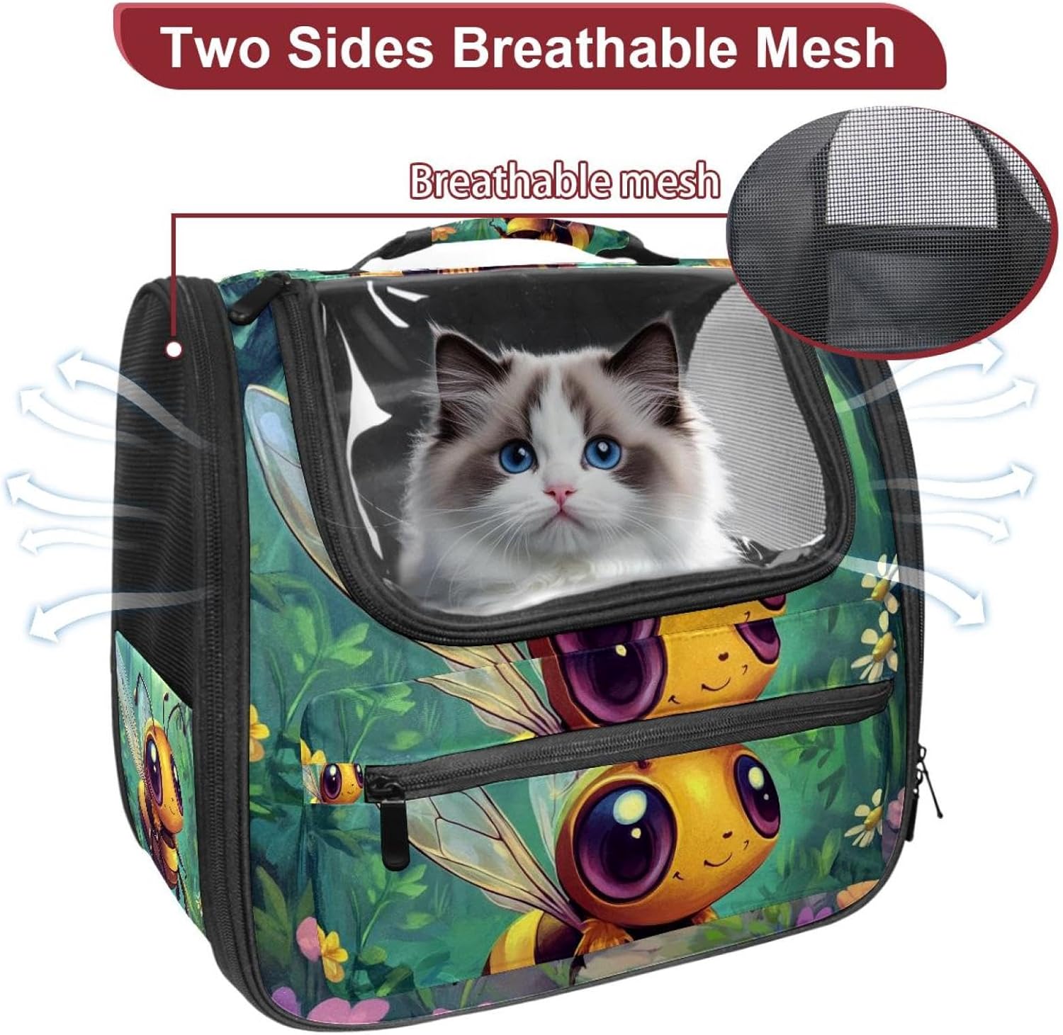 Cartoon Bee Transparent Pet Carrier for Travel Hiking for Kitty Small Dog