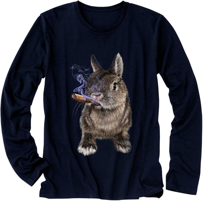 Amazon ノーブランド品 煙草を吸ううさぎ たばこ ネイビー Lサイズメンズ長袖tシャツ オリジナルプリント 通販