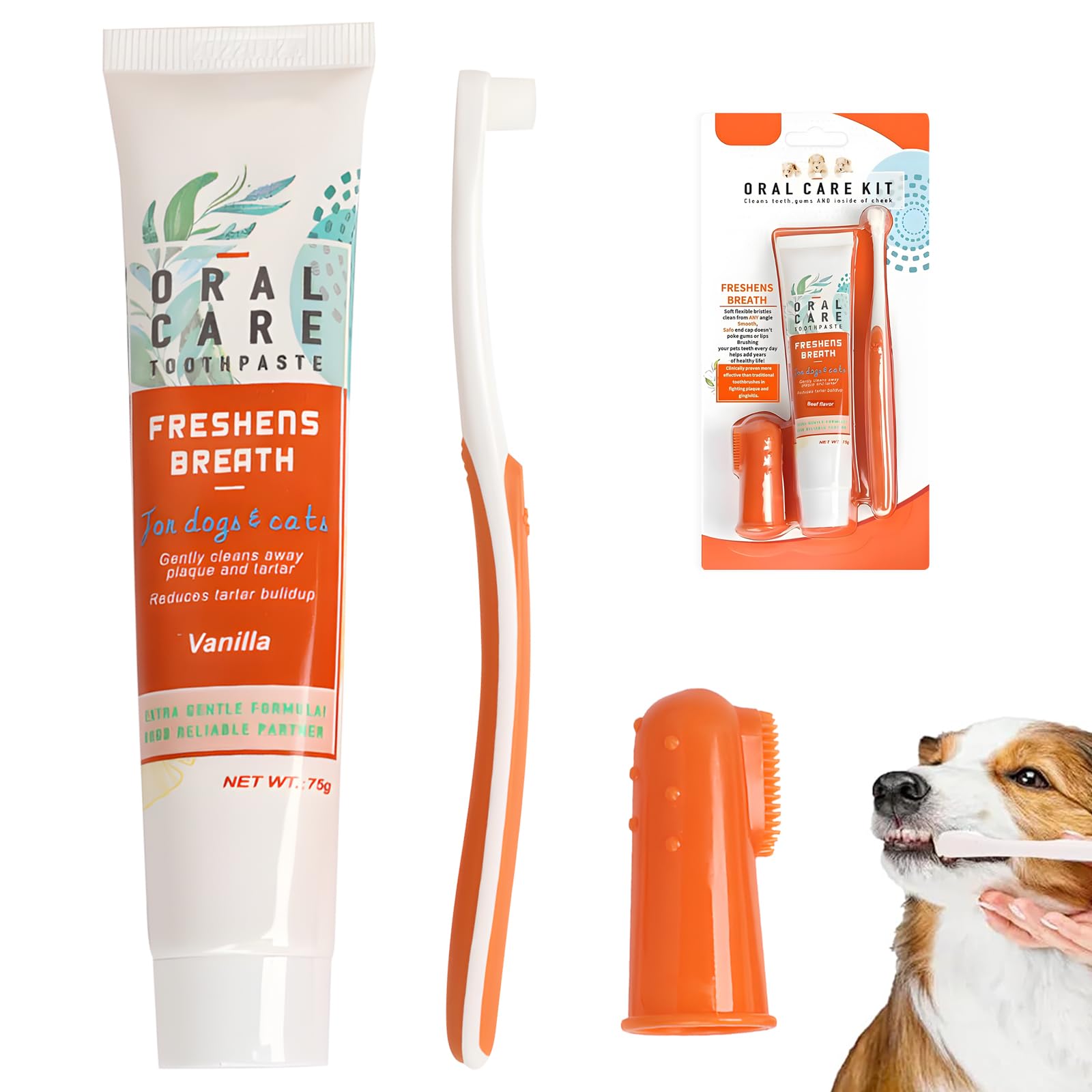 Set De 6 Piezas Para El Cuidado Dental Con Cepillo Dientes Perro, Pasta Para Perros Y Cepillo De Dedo. Antisarro, Elimina La Placa Y El Mal Aliento. Para Perros Y Gatos (Naranja)