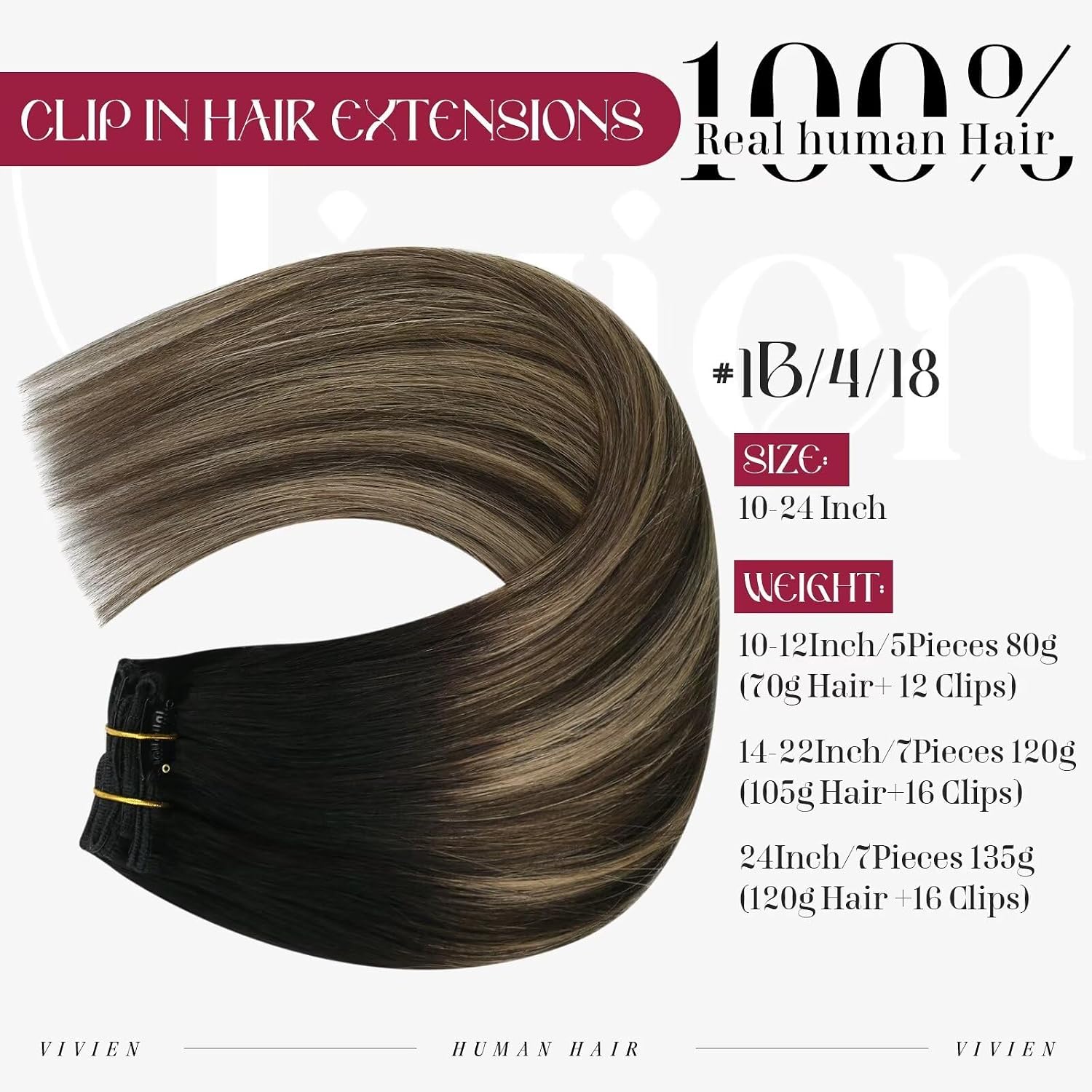 Vivien Straight Human Hair Extensions - Balayage Brown, Black to Brown Mix, Caramel Blonde - Clip in Hair Extensions 16 Inch 120g for Women 7pcs