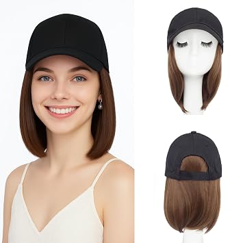 SEGO Hat Wig, Hat with Hair Attached for Women Black Baseball Cap with Hair Extensions, Short Bob Baseball Cap Wig Adjustable Hats for Daily Party -6 Inch #10 Light Brown