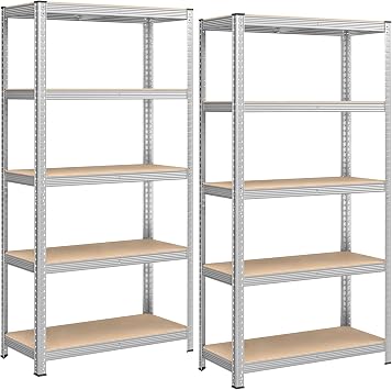 SONGMICS 5-Tier Heavy-Duty Shelving Units, Set of 2 Steel Shelving Units for Storage, Boltless Assembly, for Garage, Shed, Load Capacity 875 kg, 40 x 90 x 180 cm, Silver GLR040E02