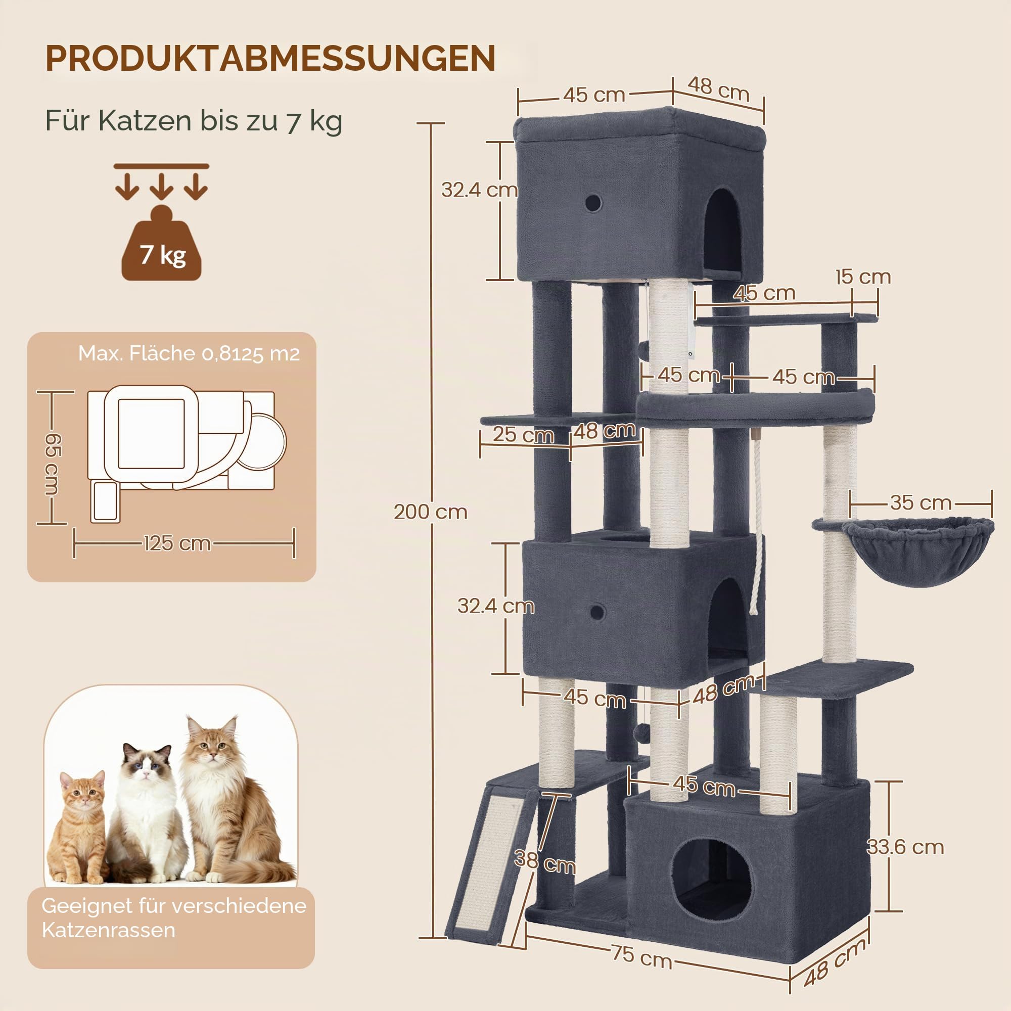 Kratzbaum, 200 cm XXL Katzenbaum, Dunkelgrau, mit 3 Große Höhlen | Mehrere Plattformen, 7 Sisalstämme, Kratzbrett, Körbe, Pompons, für Große Katzen Stabil, für den Innenbereich