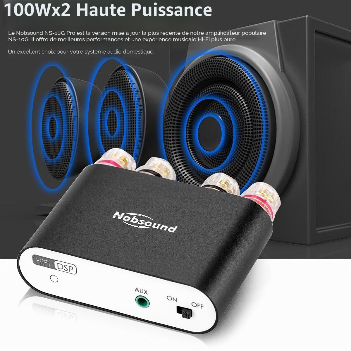 Mini-amplificateur numérique Nobsound NS-10G Pro Hi-Fi DSP - 100 W - Avec système bluetooth 5.0 - Audio stéréo à 2 canaux - Pour une utilisation à domicile