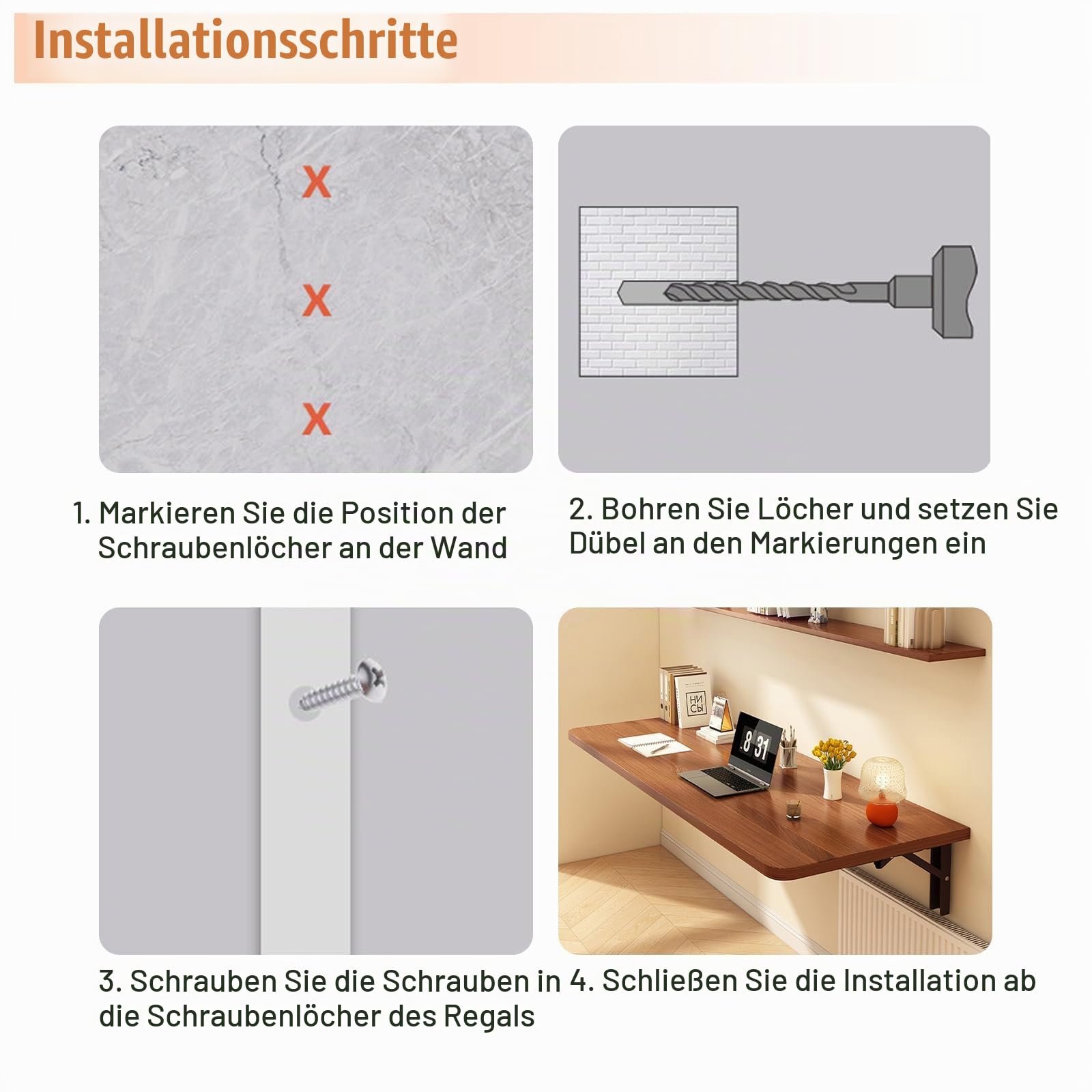 TWSOUL Wandklapptisch, 80 x 40 cm, Wandtisch Klappbar, Klapptisch Esstisch, für die Wand Bartisch, Klappbar zur Wandmontage, für Küche Wohnzimmer Kinderzimmer (Walnuss)