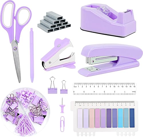 Miniatura 1 de EOOUT Juego de 9 accesorios de escritorio morados, juego de suministros de oficina, grapadora y dispensador de cinta para mujeres con grapadora,