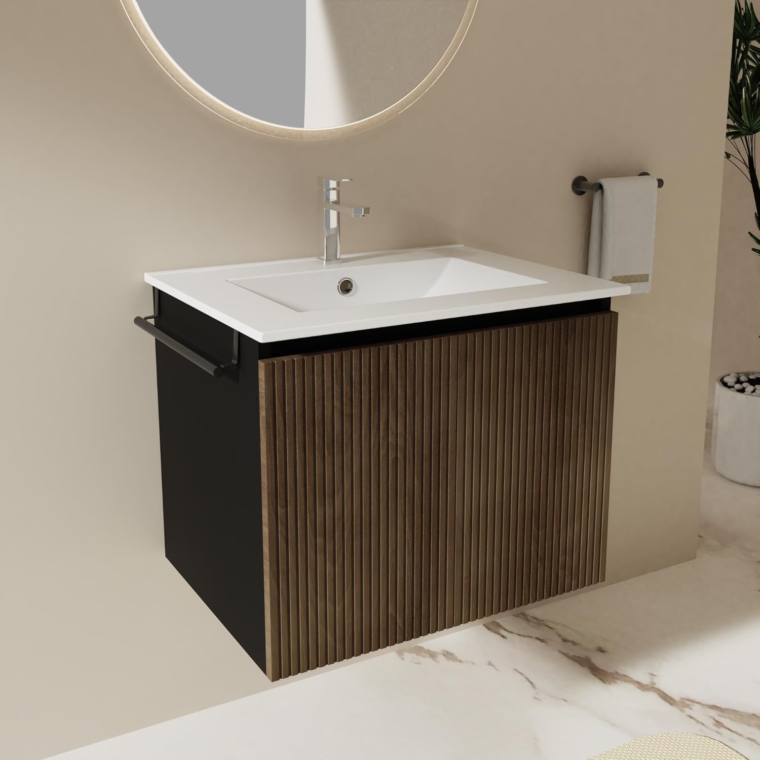 24 Inch Bathroom Vanity with Ceramic Sink Wall Mount, Floating Cabinet with 2 Doors, Walnut