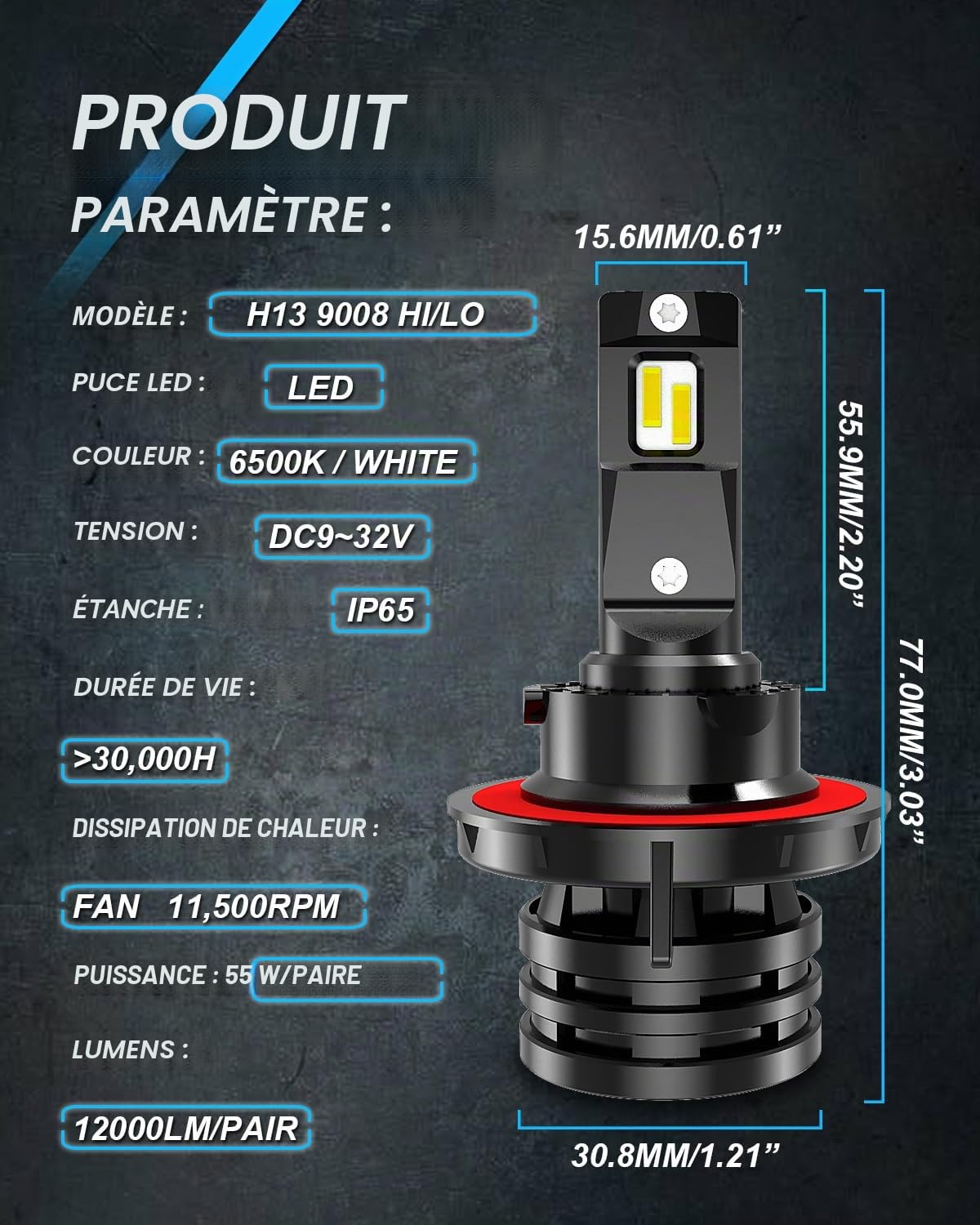 KaTur H13 9008 Hi/Lo Poutre Ampoules de phare à leds Mini conception améliorée Puces 12000 lumens Kit de conversion de phares étanche tout-en-un à LED 55W 6500K blanc xénon-2 ans de garantie