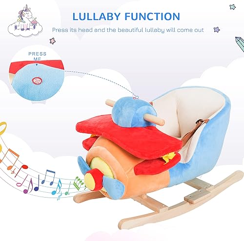 Miniatura 3 de Qaba Caballo mecedor para niños, silla de avión de felpa de madera con canción de cuna y cinturón de seguridad durante 18 meses +