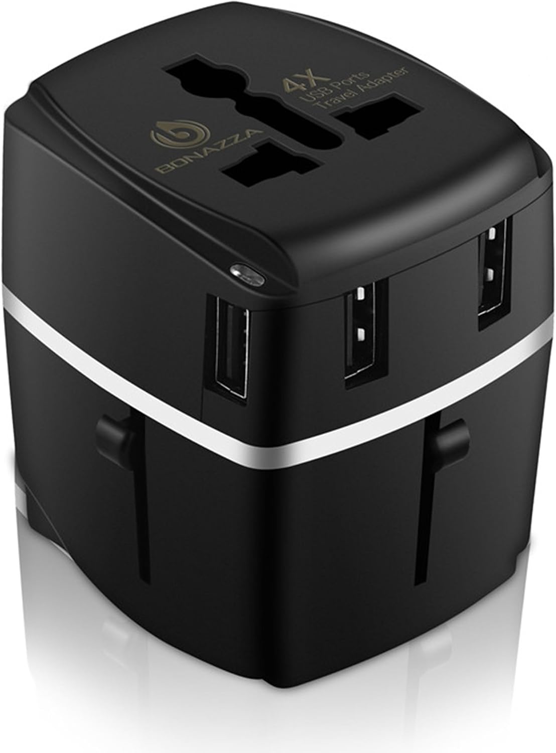 BONAZZA Universal World Travel Adapter Kit with 4 USB Ports - UK, US, AU, Europe All in One Plug Adapter - Over 150 Countries & USB Power Adapter for iPhone, Android, All USB Devices (Black)